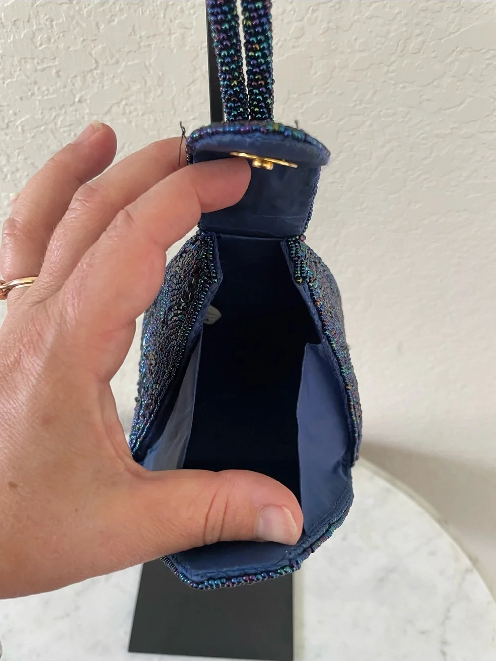 Vintage Hand Beaded Navy Peacock Iridescent Evening Bag Wristlet La Regale Style